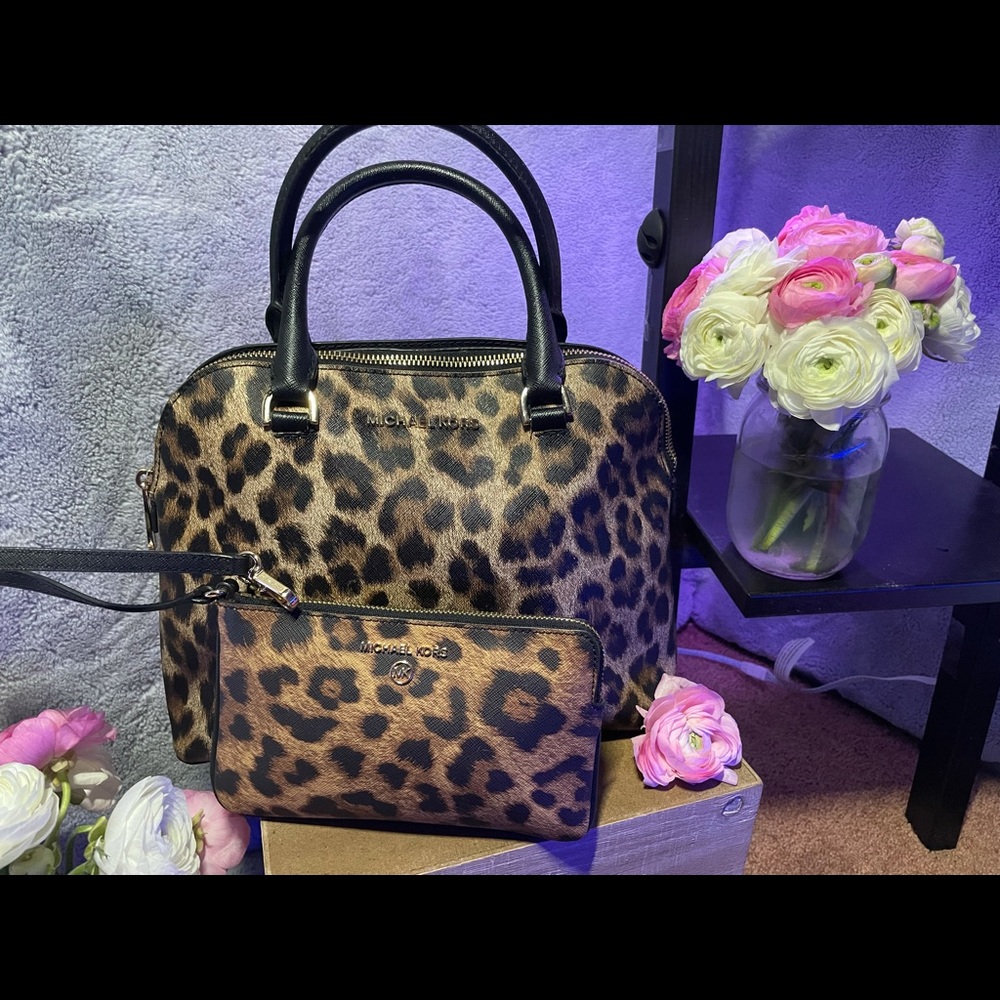 Like new Michael Kore Leopard print handbag with matching wristlet
